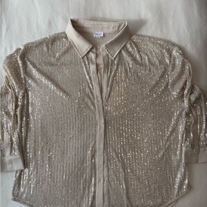 Elegant Beige Sequin Button-Up Blouse Size XL see thru EUC C45 dressy holiday